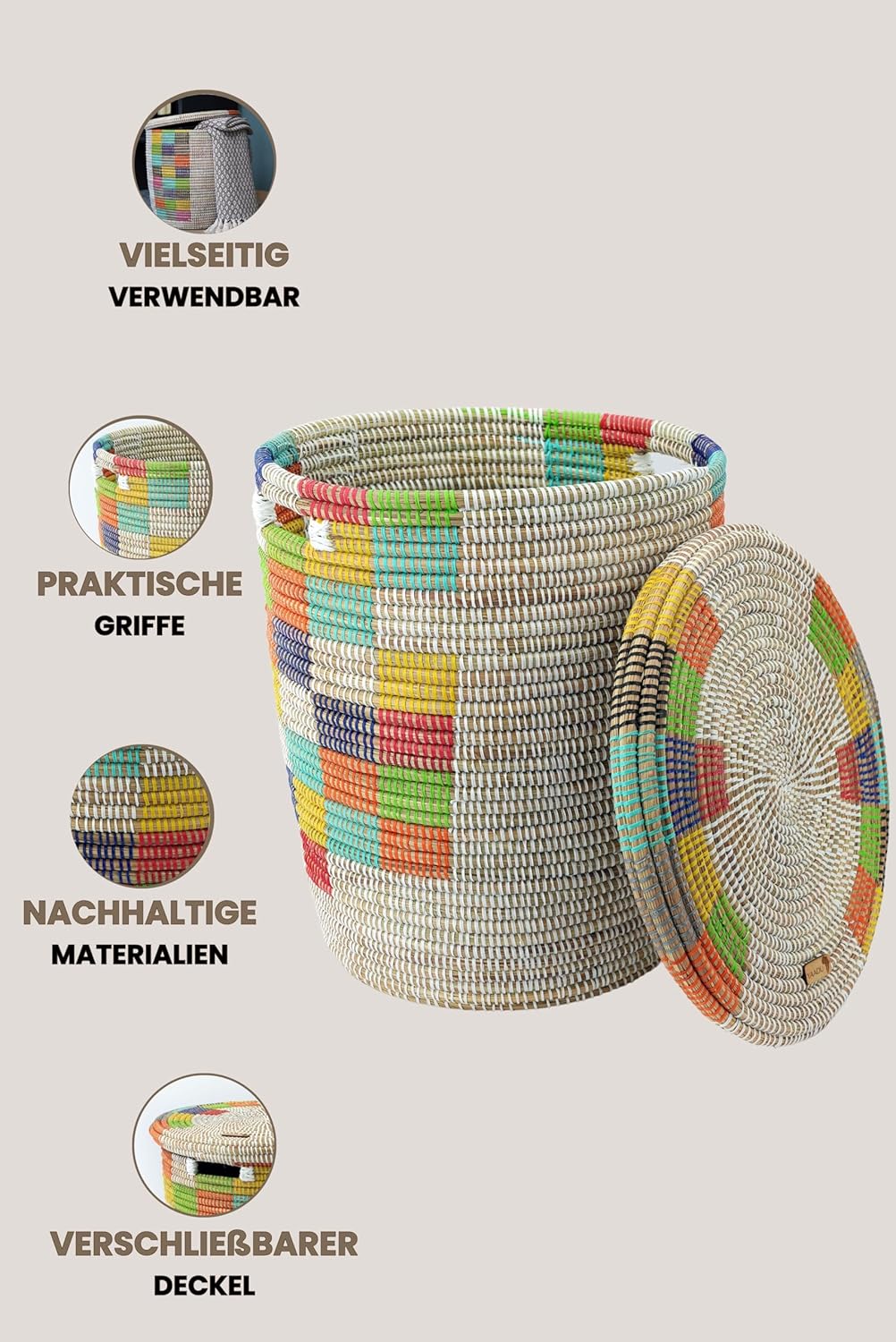 Laundry Basket with Lid 50L - Braided African Toy Storage and Blanket Storage - with Handle (White/Multicolour) BKMB-25-03