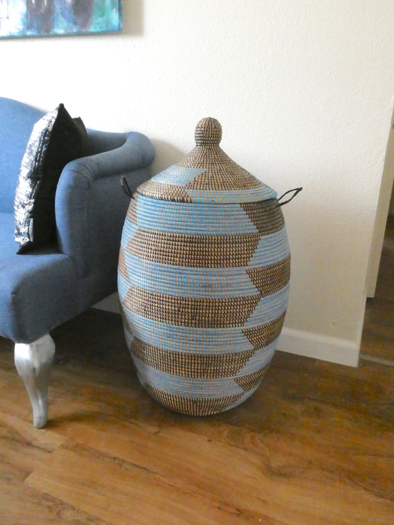 African Lidded Basket, Boy's Spacious Black and Cobalt Blue Toy Basket, Hamper, BKB-25-05
