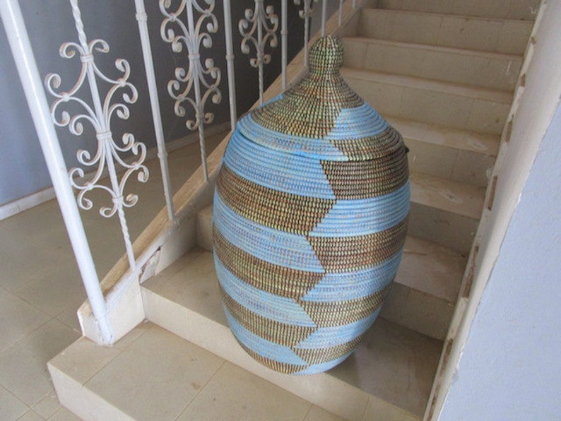 African Lidded Basket, Boy's Spacious Black and Cobalt Blue Toy Basket, Hamper, BKB-25-05