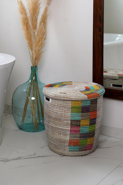 Laundry Basket with Lid 50L - Braided African Toy Storage and Blanket Storage - with Handle (White/Multicolour) BKMB-25-03