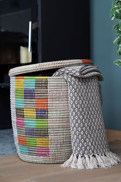 Laundry Basket with Lid 50L - Braided African Toy Storage and Blanket Storage - with Handle (White/Multicolour) BKMB-25-03