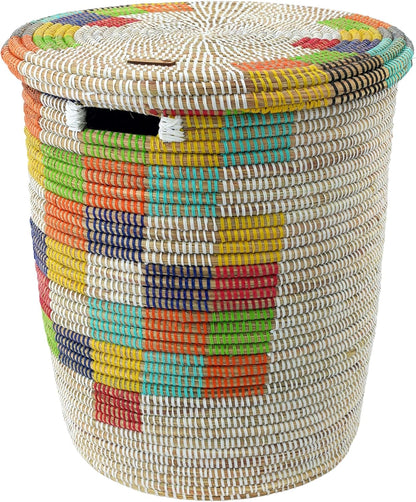 Laundry Basket with Lid 50L - Braided African Toy Storage and Blanket Storage - with Handle (White/Multicolour) BKMB-25-03
