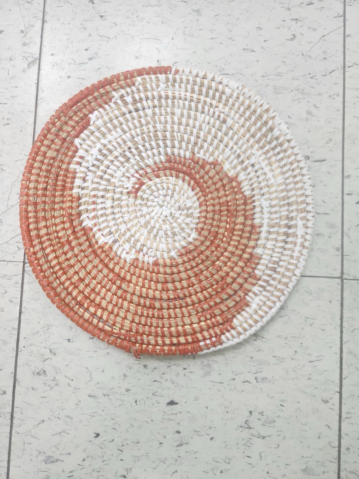 African Woven Round Pad/Pot Holder/Trivet, Woven Senegal Wall Decoration, Natural Palm Fiber, 14" Diameter