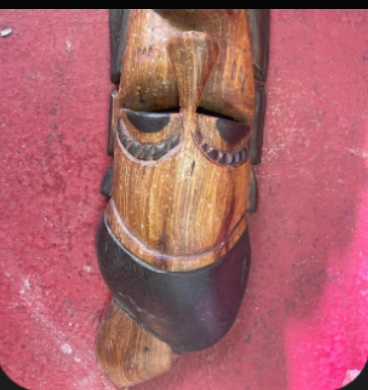 Carved Wooden Mask with Black Headwrap Accent