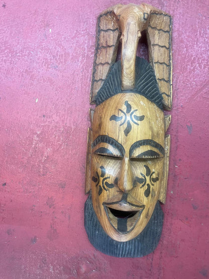 Carved Wooden Mask with Black Headwrap Accent