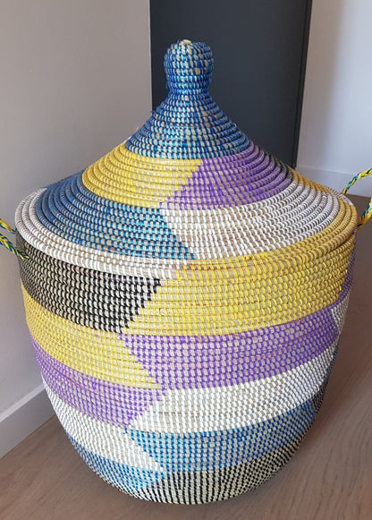 Medium Size Laundry Basket, Chevron Basket, Senegal Baskets,   Lidded Storage Basket BKMB-25-01