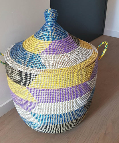 Medium Size Laundry Basket, Chevron Basket, Senegal Baskets,   Lidded Storage Basket BKMB-25-01